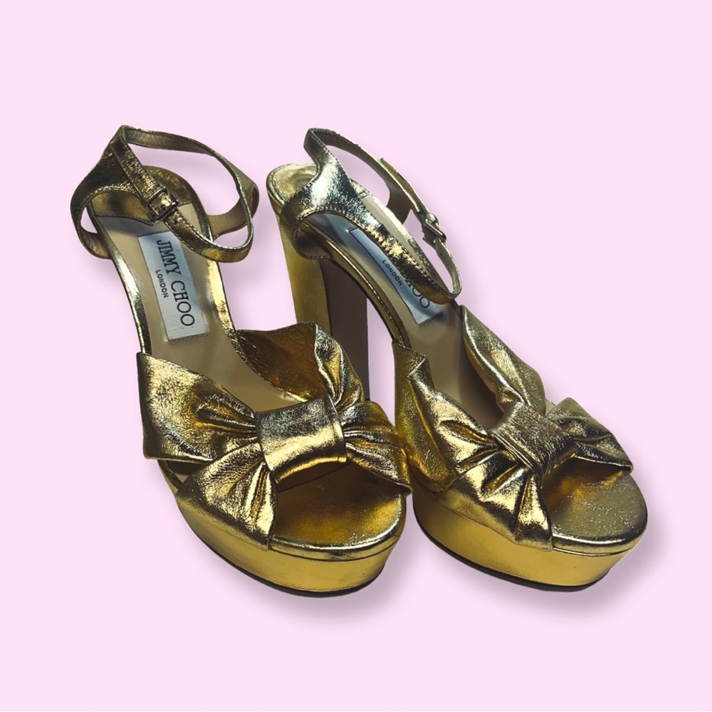 Jimmy Choo Heloise Gold Metallic Nappa Leather Platform Sandals Size 39 (8.5)